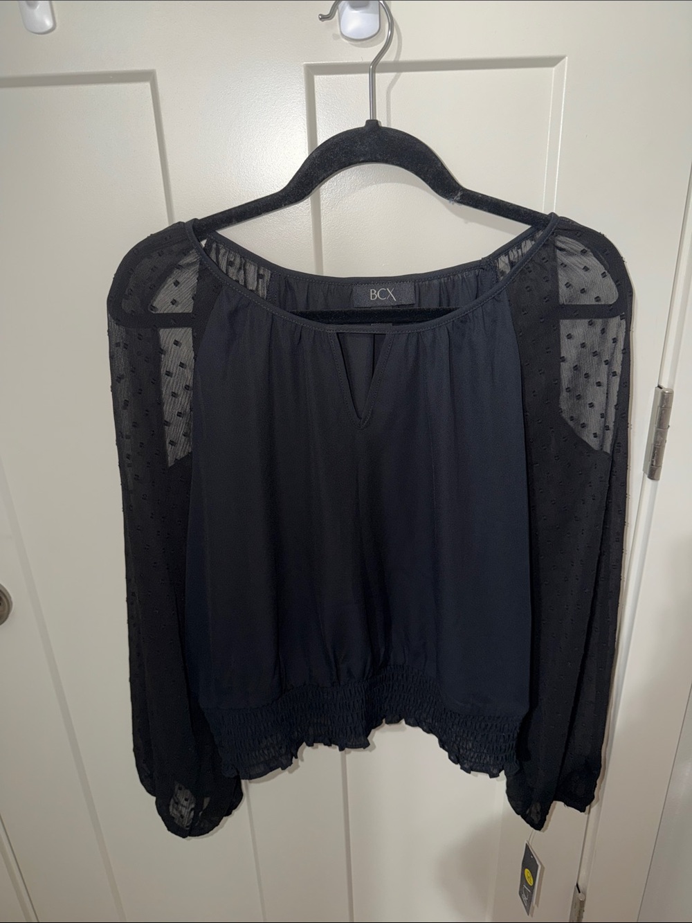 BCX Black Dot-Sheer Sleeve cold shoulder Smocked Hem Blouse